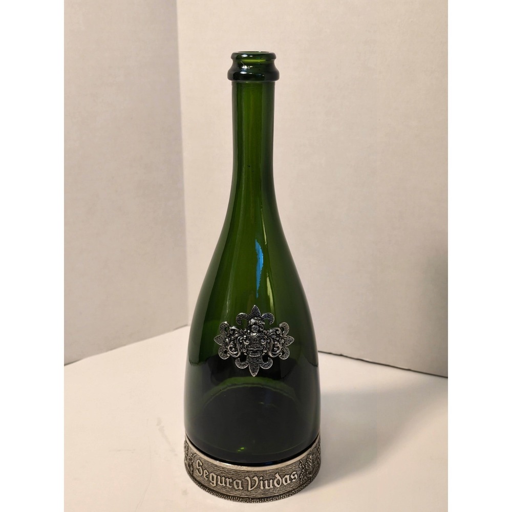 Segura Viudas Green Glass Empty Wine Bottle with Ornate Metal Base